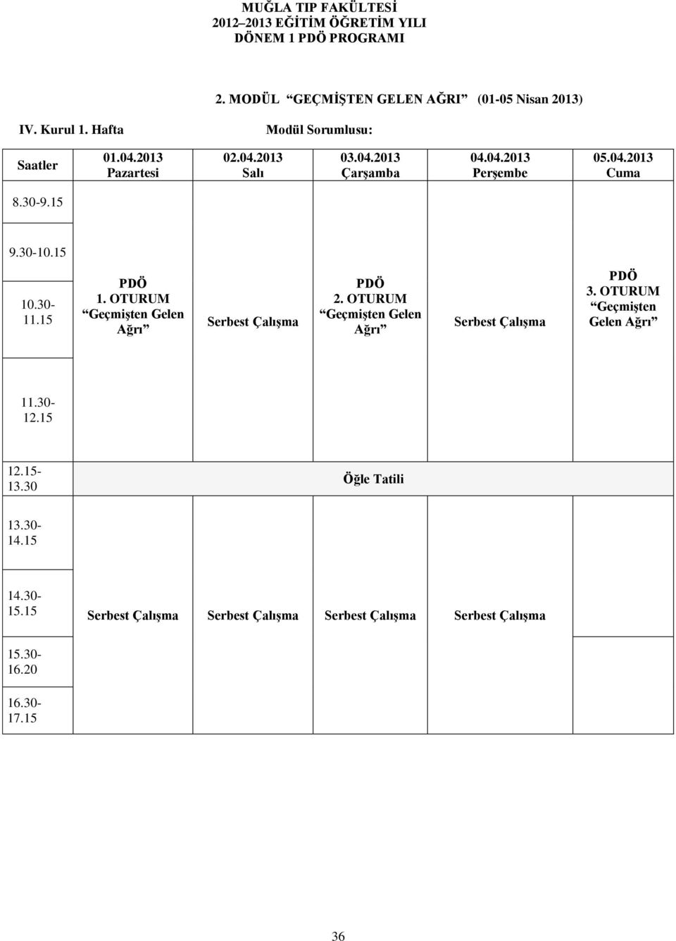 15 10.30-11.15 PDÖ 1. OTURUM Geçmişten Gelen Ağrı Serbest Çalışma PDÖ 2. OTURUM Geçmişten Gelen Ağrı Serbest Çalışma PDÖ 3.