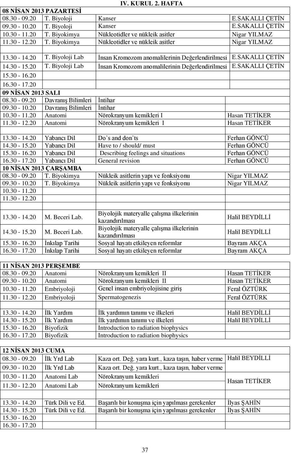 Biyoloji Lab İnsan Kromozom anomalilerinin Değerlendirilmesi 09 NİSAN 2013 SALI 08.30-09.20 Davranış Bilimleri İntihar 09.30-10.