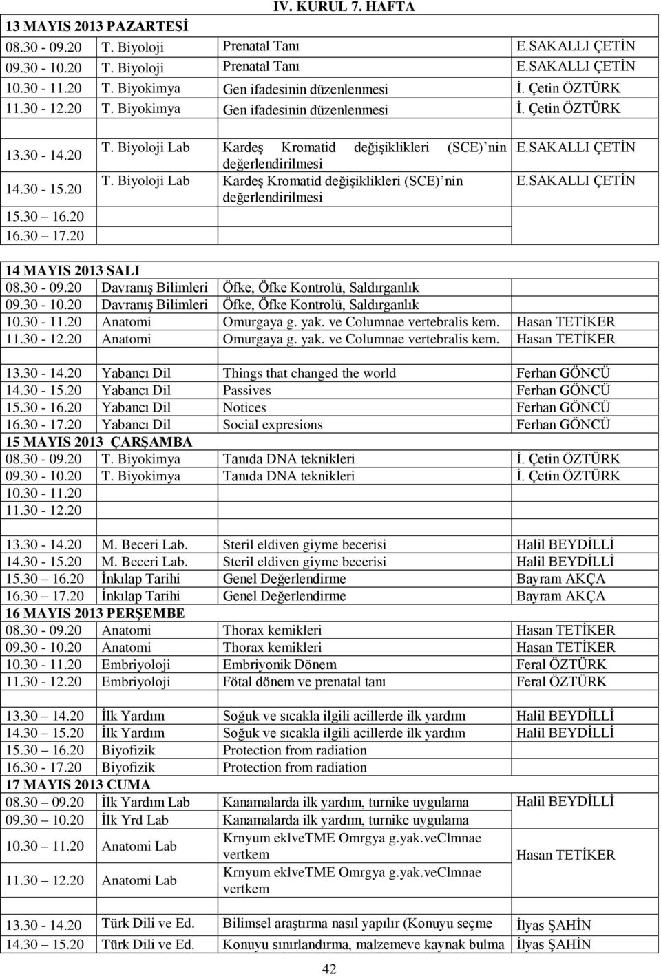 Biyoloji Lab Kardeş Kromatid değişiklikleri (SCE) nin değerlendirilmesi 14 MAYIS 2013 SALI 08.30-09.20 Davranış Bilimleri Öfke, Öfke Kontrolü, Saldırganlık 09.30-10.