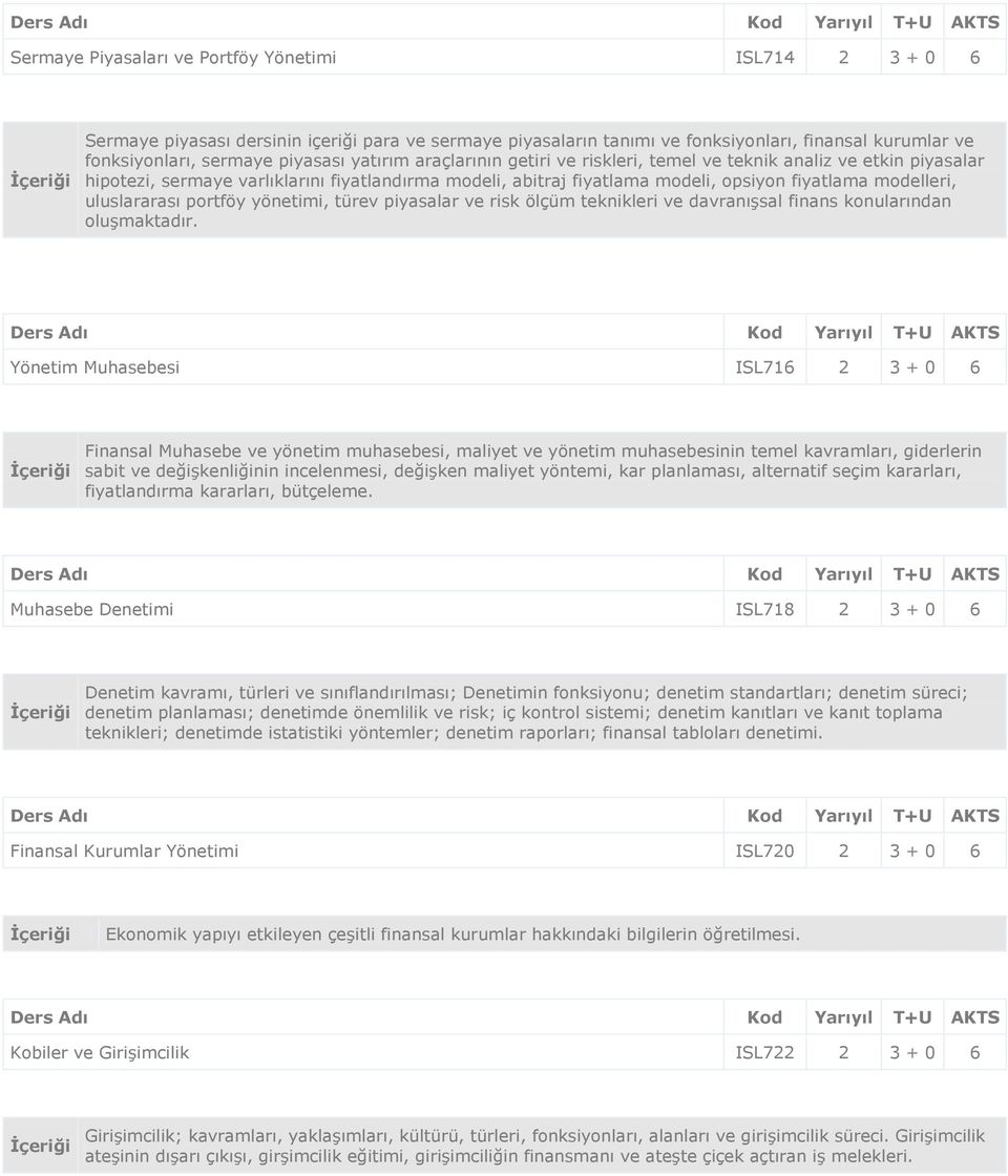 uluslararası portföy yönetimi, türev piyasalar ve risk ölçüm teknikleri ve davranışsal finans konularından oluşmaktadır.