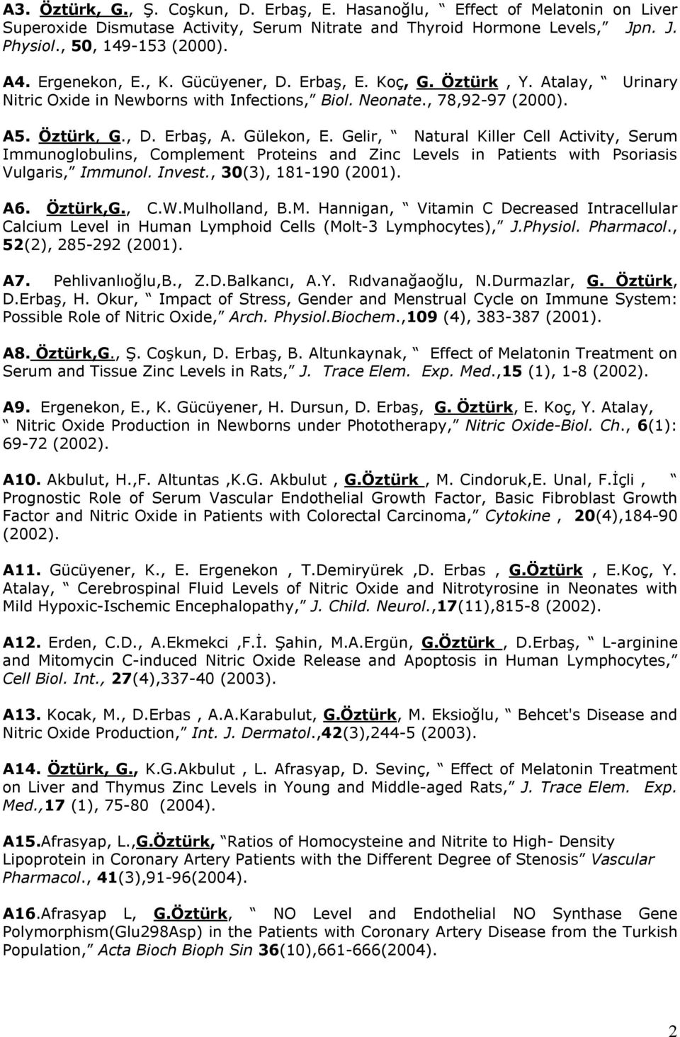 Gelir, Natural Killer Cell Activity, Serum Immunoglobulins, Complement Proteins and Zinc Levels in Patients with Psoriasis Vulgaris, Immunol. Invest., 30(3), 181-190 (2001). A6. Öztürk,G., C.W.