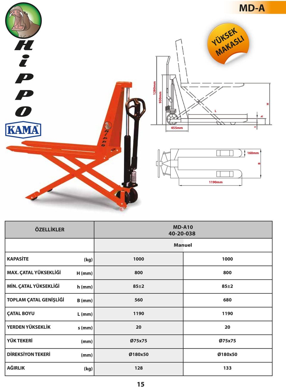 ÇATAL YÜKSEKLİĞİ h 85±2 85±2 TLAM ÇATAL GENİŞLİĞİ B 560 680 ÇATAL BYU L