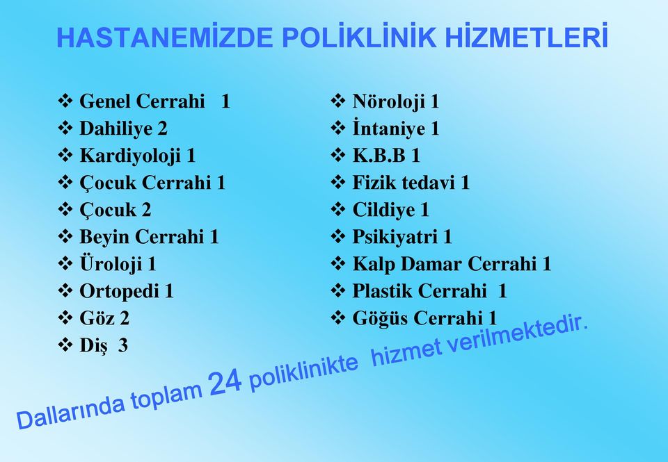 Ortopedi 1 Göz 2 Diş 3 Nöroloji 1 İntaniye 1 K.B.