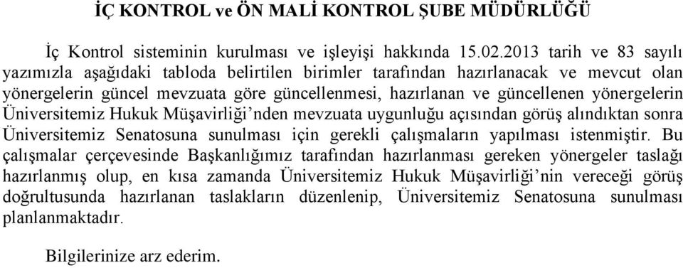 yönergelerin Üniversitemiz Hukuk Müşavirliği nden mevzuata uygunluğu açısından görüş alındıktan sonra Üniversitemiz Senatosuna sunulması için gerekli çalışmaların yapılması istenmiştir.