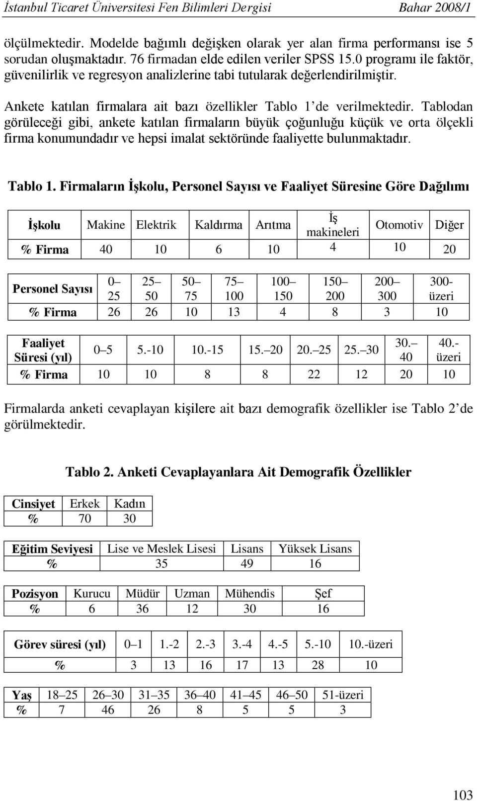 Ankete katılan firmalara ait bazı özellikler Tablo 1 de verilmektedir.