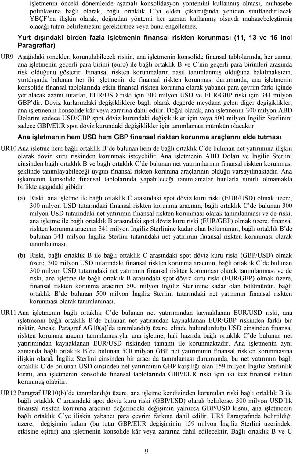 Yurt dışındaki birden fazla işletmenin finansal riskten korunması (11, 13 ve 15 inci Paragraflar) UR9 Aşağıdaki örnekler, korunulabilecek riskin, ana işletmenin konsolide finansal tablolarında, her