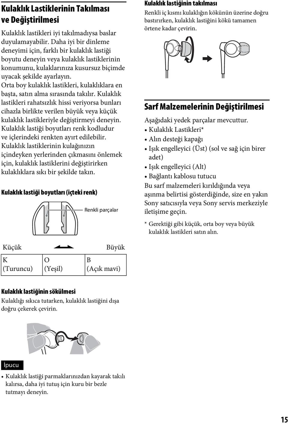 Orta boy kulaklık lastikleri, kulaklıklara en başta, satın alma sırasında takılır.