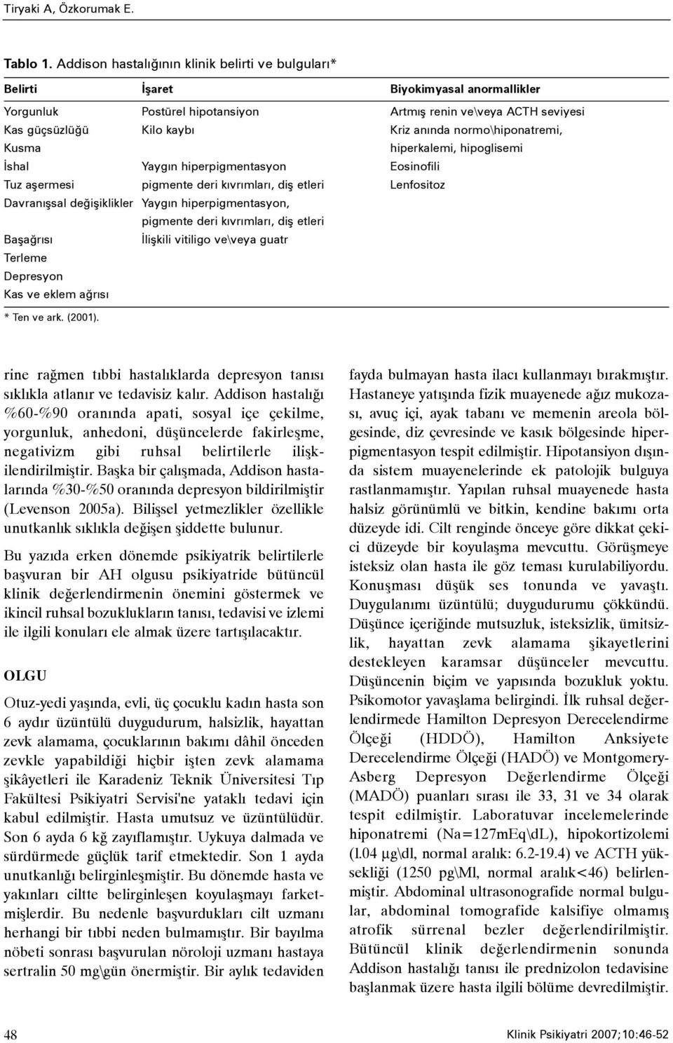 normo\hiponatremi, Kusma hiperkalemi, hipoglisemi Ýshal Yaygýn hiperpigmentasyon Eosinofili Tuz aþermesi pigmente deri kývrýmlarý, diþ etleri Lenfositoz Davranýþsal deðiþiklikler Yaygýn