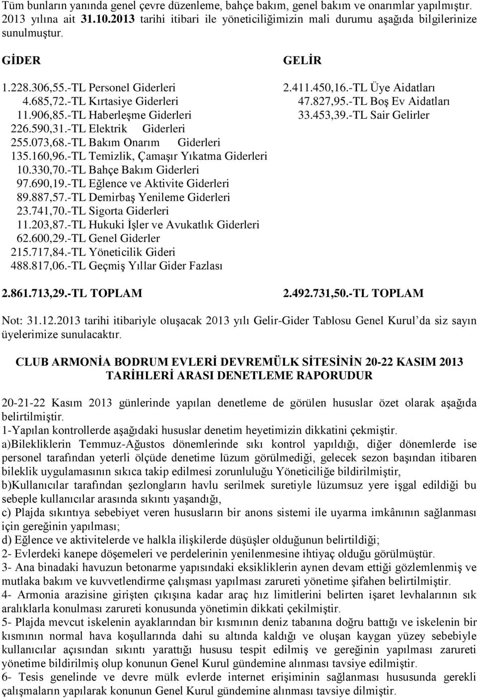 -TL Temizlik, Çamaşır Yıkatma Giderleri 1.33,7.-TL Bahçe Bakım Giderleri 97.69,19.-TL Eğlence ve Aktivite Giderleri 89.887,57.-TL Demirbaş Yenileme Giderleri 23.741,7.-TL Sigorta Giderleri 11.23,87.