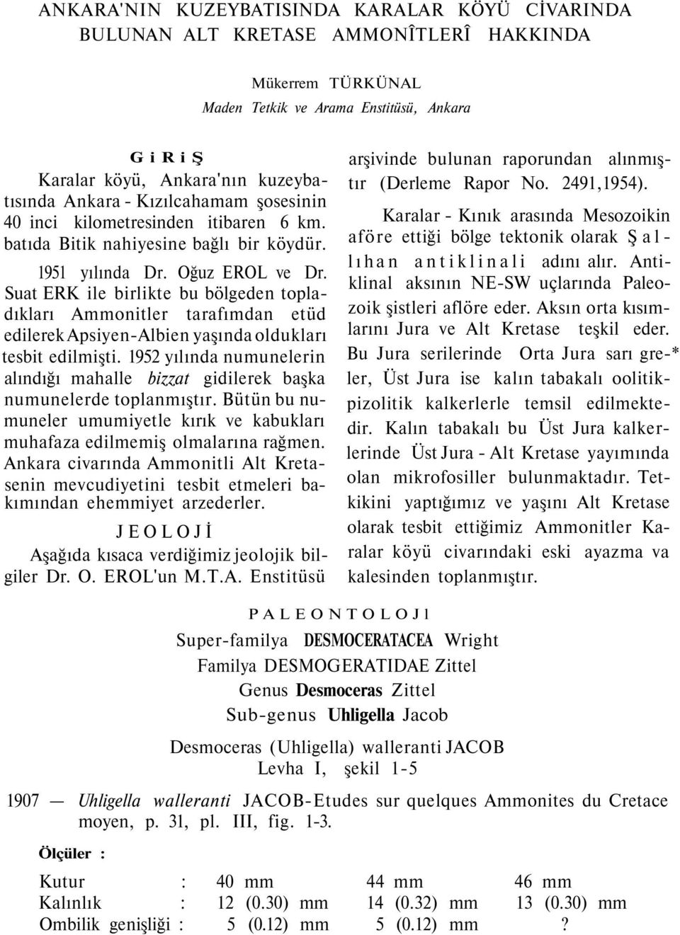 Suat ERK ile birlikte bu bölgeden topladıkları Ammonitler tarafımdan etüd edilerek Apsiyen-Albien yaşında oldukları tesbit edilmişti.