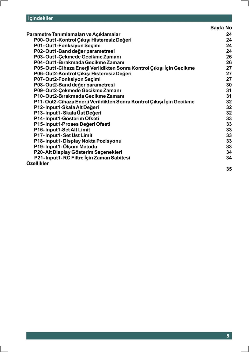 -Býrakmada Gecikme Zamaný P11- -Cihaza Enerji Verildikten Sonra Kontrol Çýkýþý Ýçin Gecikme P12- Input1-Skala Alt Deðeri P13- Input1- Skala Üst Deðeri P14- Input1-Gösterim Ofseti P15- Input1-Proses