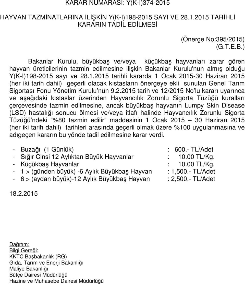 8-2015 sayı ve 28.1.2015 tarihli kararda 1 Ocak 2015-30 Haziran 2015 (her iki tarih dahil) geçerli olacak kıstasların önergeye ekli sunulan Genel Tarım Sigortası Fonu Yönetim Kurulu nun 9.2.2015