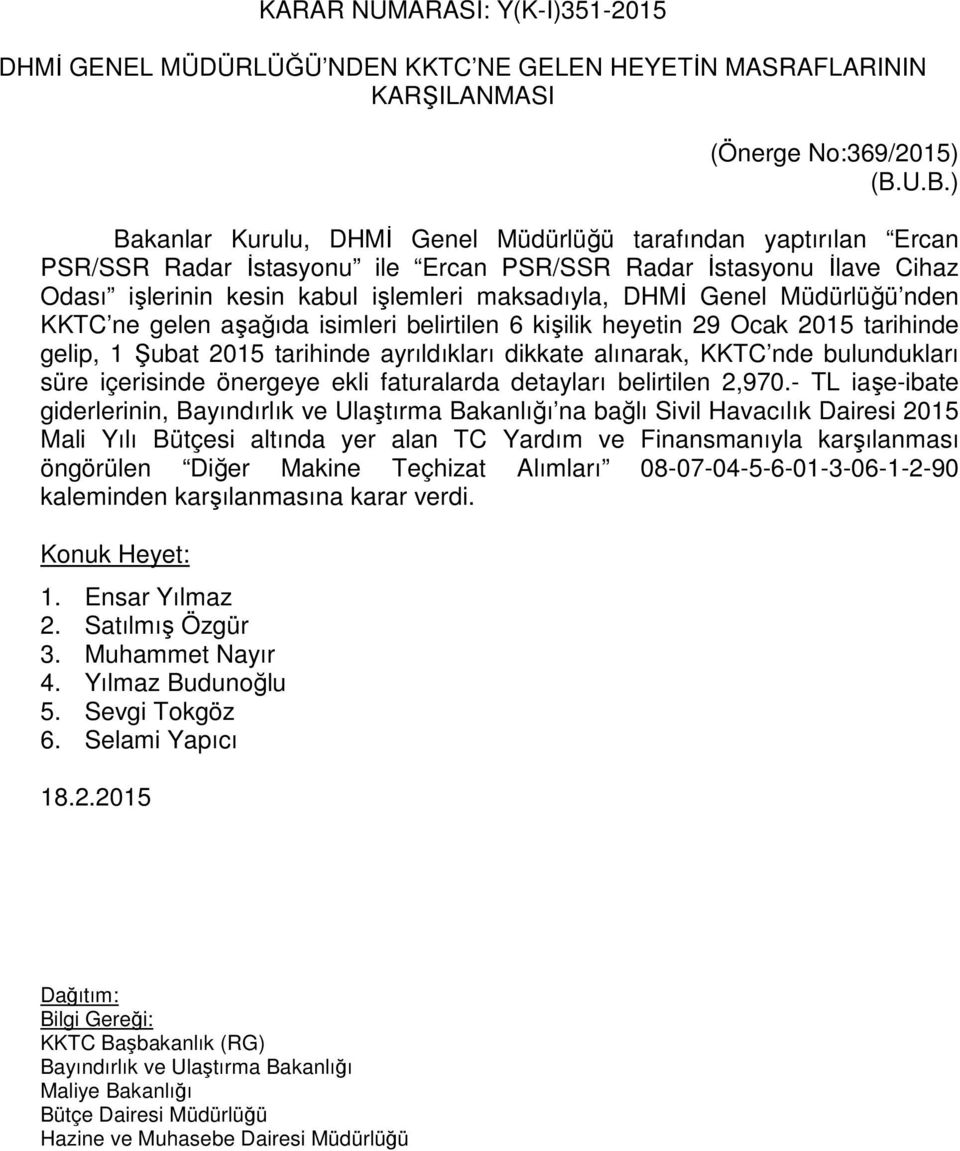 Genel Müdürlüğü nden KKTC ne gelen aşağıda isimleri belirtilen 6 kişilik heyetin 29 Ocak 2015 tarihinde gelip, 1 Şubat 2015 tarihinde ayrıldıkları dikkate alınarak, KKTC nde bulundukları süre