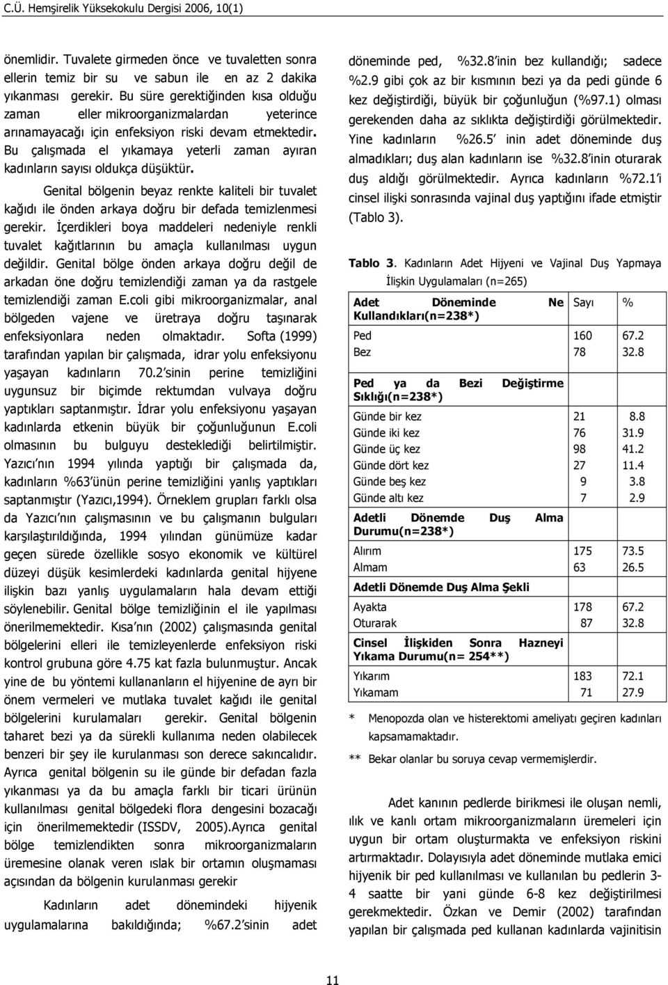 Bu çalışmada el yıkamaya yeterli zaman ayıran kadınların sayısı oldukça düşüktür. Genital bölgenin beyaz renkte kaliteli bir tuvalet kağıdı ile önden arkaya doğru bir defada temizlenmesi gerekir.