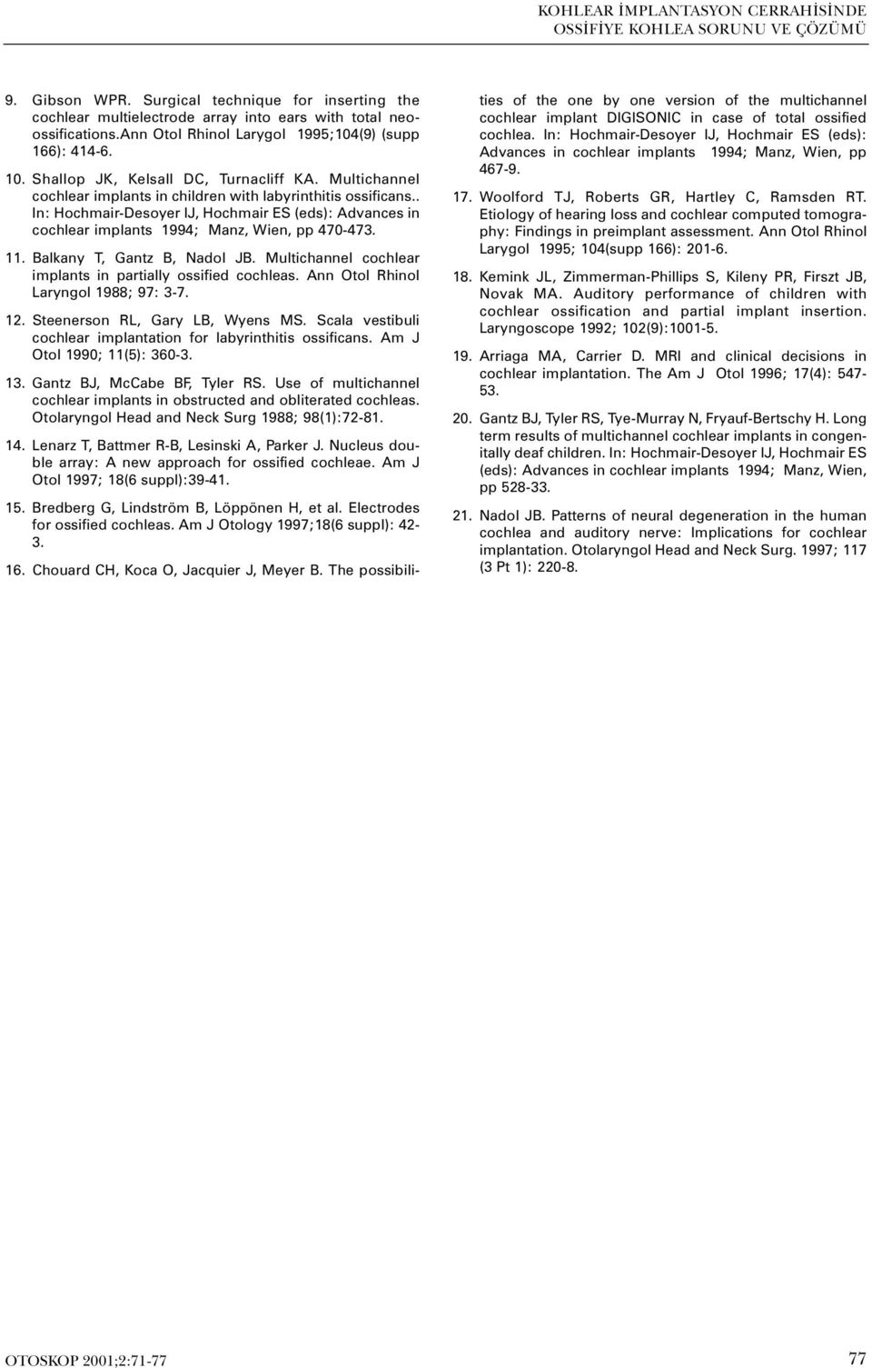 . In: Hochmair-Desoyer IJ, Hochmair ES (eds): Advances in cochlear implants 1994; Manz, Wien, pp 470-473. 11. Balkany T, Gantz B, Nadol JB.