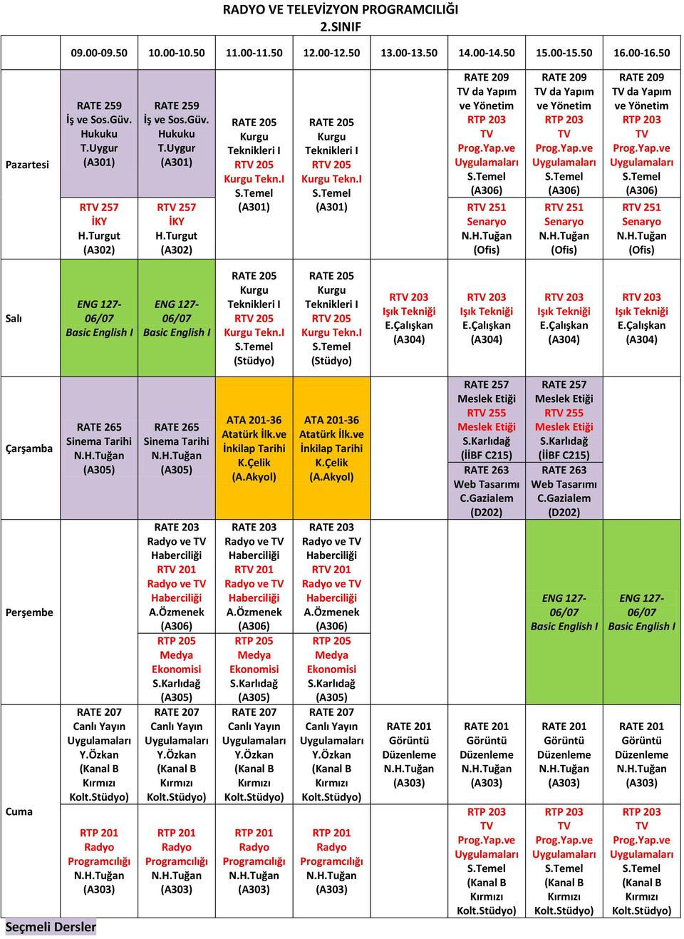 I (Stüdyo) RATE 205 Kurgu I R 205 Kurgu Tekn.I (Stüdyo) R 203 R 203 R 203 R 203 RATE 265 Sinema Tarihi RATE 207 Canlı Yayın Y.