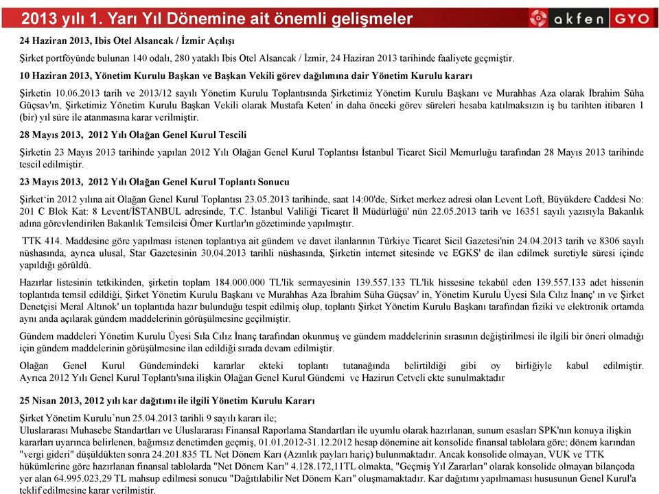 10 Haziran2013,YönetimKuruluBaşkanveBaşkanVekiligörevdağılımınadairYönetimKurulukararı Şirketin 10.06.