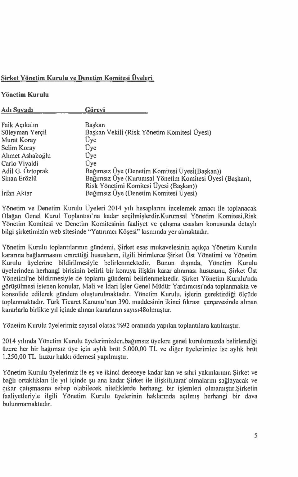 (Başkan), Risk Yönetimi Komitesi Uyesi (Başkan)) Bağımsız Uye (Denetim Komitesi Uyesi) Yönetim ve Denetim Kurulu Üyeleri 2014 yılı hesaplarını incelemek amacı ile toplanacak Olağan Genel Kurul