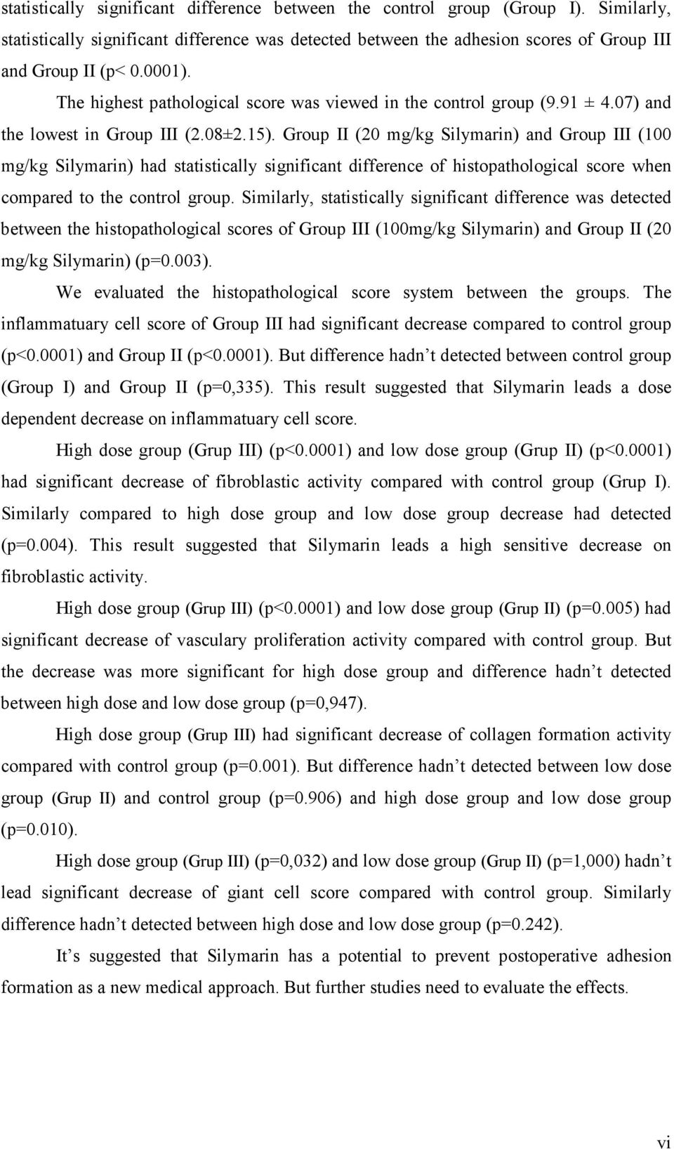 Group II (20 mg/kg Silymarin) and Group III (100 mg/kg Silymarin) had statistically significant difference of histopathological score when compared to the control group.