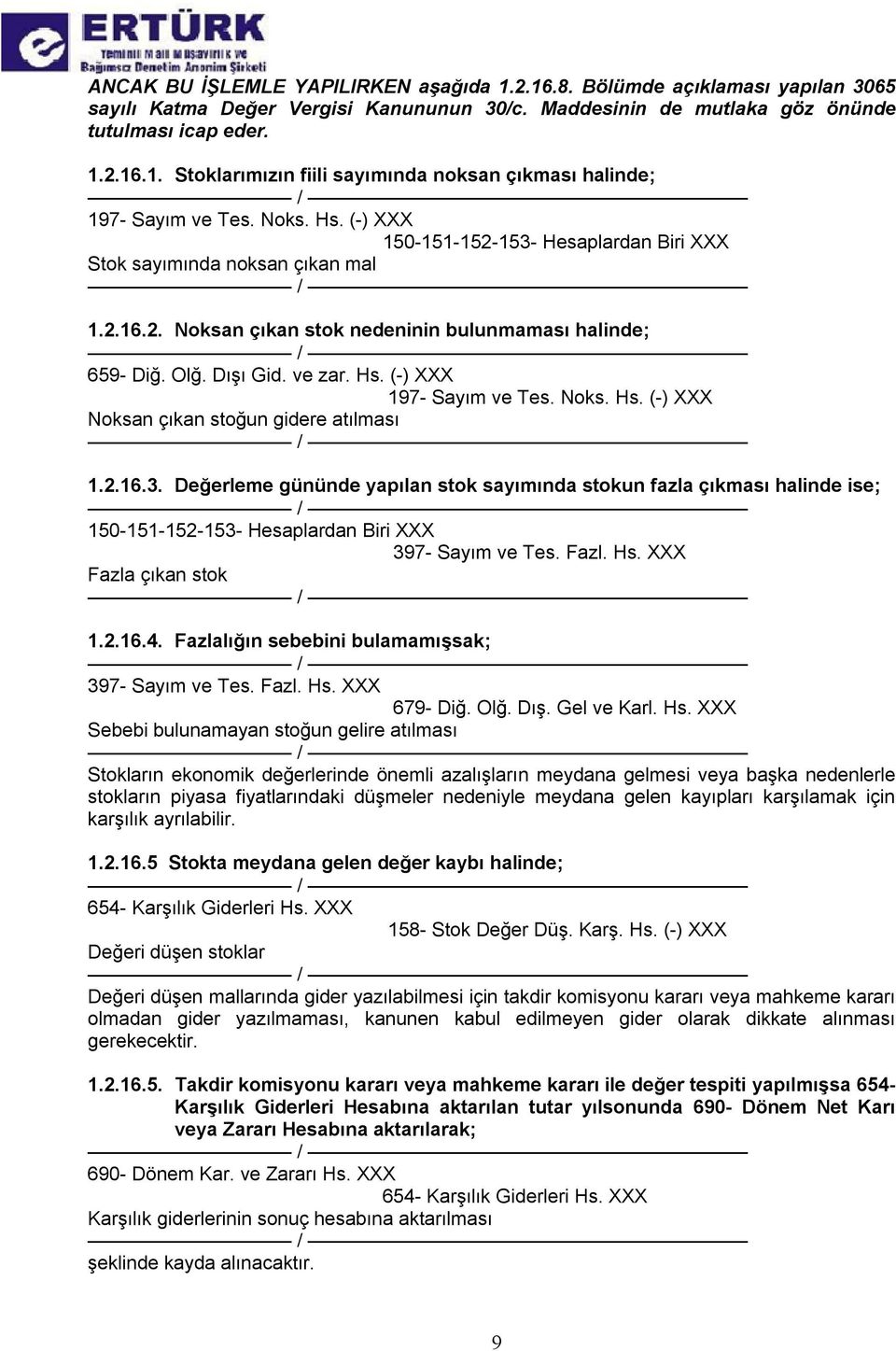 Noks. Hs. (-) XXX Noksan çıkan stoğun gidere atılması 1.2.16.3. Değerleme gününde yapılan stok sayımında stokun fazla çıkması halinde ise; 150-151-152-153- Hesaplardan Biri XXX 397- Sayım ve Tes.