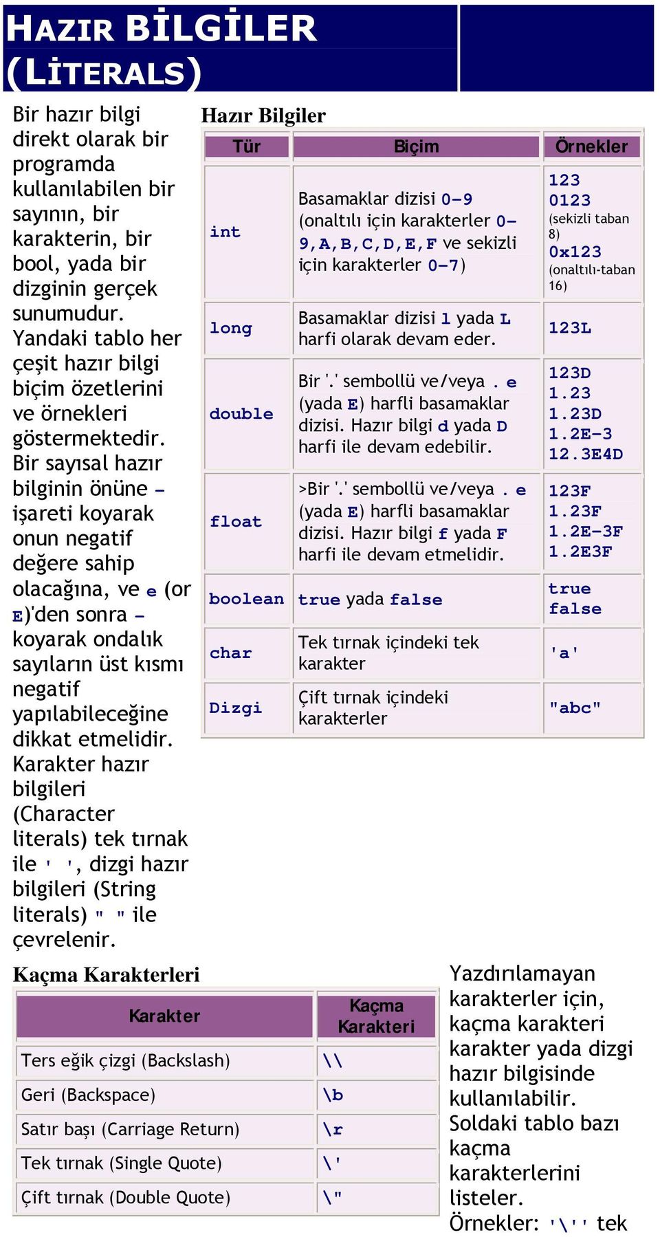 Bir sayısal hazır bilginin önüne - işareti koyarak onun negatif değere sahip olacağına, ve e (or E)'den sonra - koyarak ondalık sayıların üst kısmı negatif yapılabileceğine dikkat etmelidir.