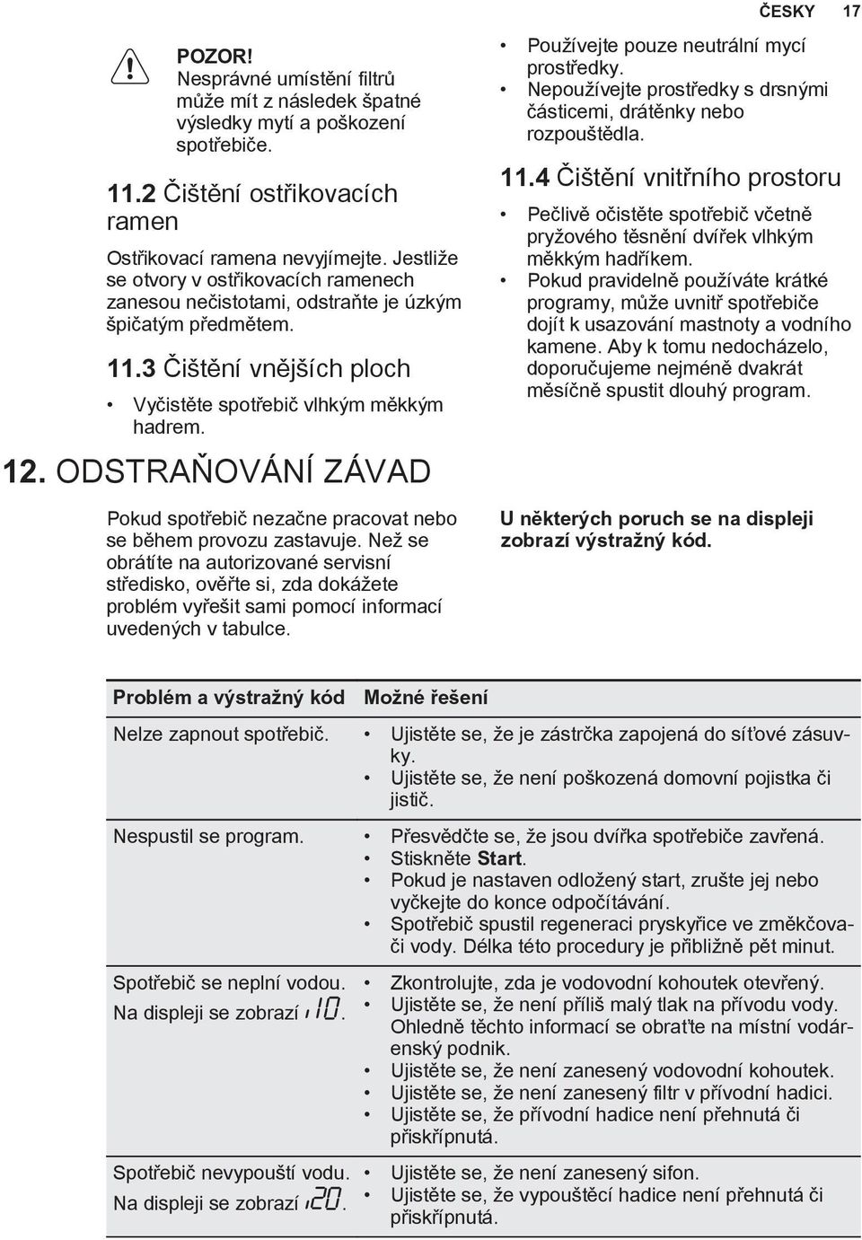 ODSTRAŇOVÁNÍ ZÁVAD Pokud spotřebič nezačne pracovat nebo se během provozu zastavuje.