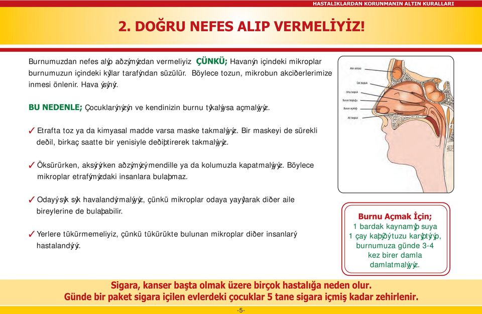 Bir maskeyi de sürekli deðil, birkaç saatte bir yenisiyle deðiþtirerek takmalýyýz. Öksürürken, aksýrýrken aðzýmýzý mendille ya da kolumuzla kapatmalýyýz.