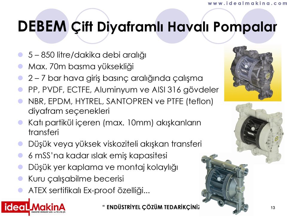 SANTOPREN ve PTFE (teflon) diyafram seçenekleri Katı partikül içeren (max.