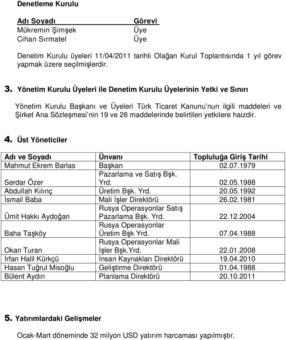 yetkilere haizdir. 4. Üst Yöneticiler Adı ve Soyadı Ünvanı Topluluğa Giriş Tarihi Mahmut Ekrem Barlas Başkan 02.07.1979 Serdar Özer Pazarlama ve Satış Bşk. Yrd. 02.05.1988 Abdullah Kılınç Üretim Bşk.