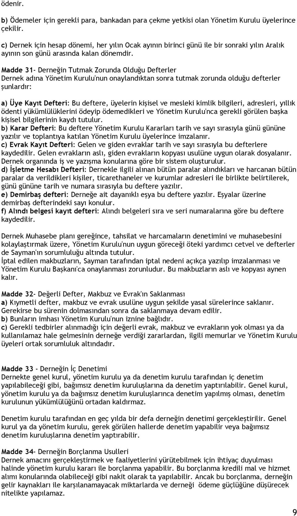 Madde 31- Derneğin Tutmak Zorunda Olduğu Defterler Dernek adına Yönetim Kurulu'nun onaylandıktan sonra tutmak zorunda olduğu defterler şunlardır: a) Üye Kayıt Defteri: Bu deftere, üyelerin kişisel ve