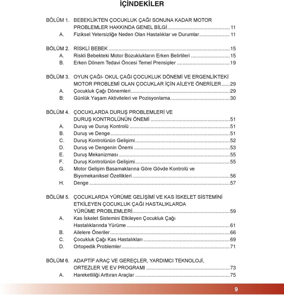 OYUN ÇAĞI- OKUL ÇAĞI ÇOCUKLUK DÖNEMİ VE ERGENLİKTEKİ MOTOR PROBLEMİ OLAN ÇOCUKLAR İÇİN AİLEYE ÖNERİLER...29 A. Çocukluk Çağı Dönemleri...29 B: Günlük Yaşam Aktiviteleri ve Pozisyonlama...30 BÖLÜM 4.