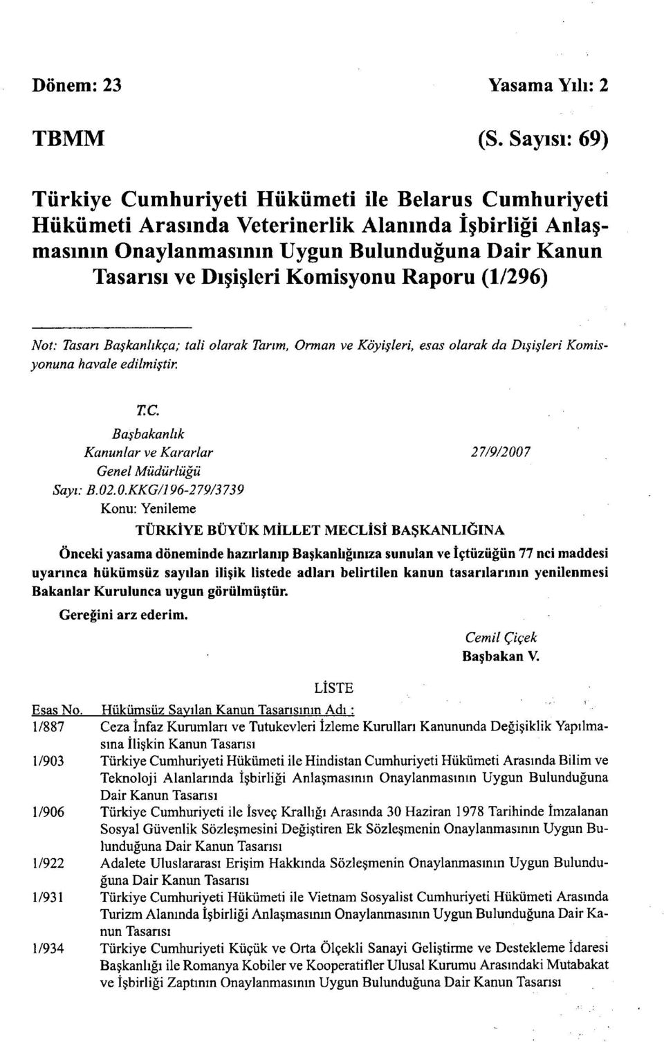 Komisyonu Raporu (1/296) Not: Tasarı Başkanlıkça; tali olarak Tarım, Orman ve Köyişleri, esas olarak da Dışişleri Komisyonuna havale edilmiştir. T.C.