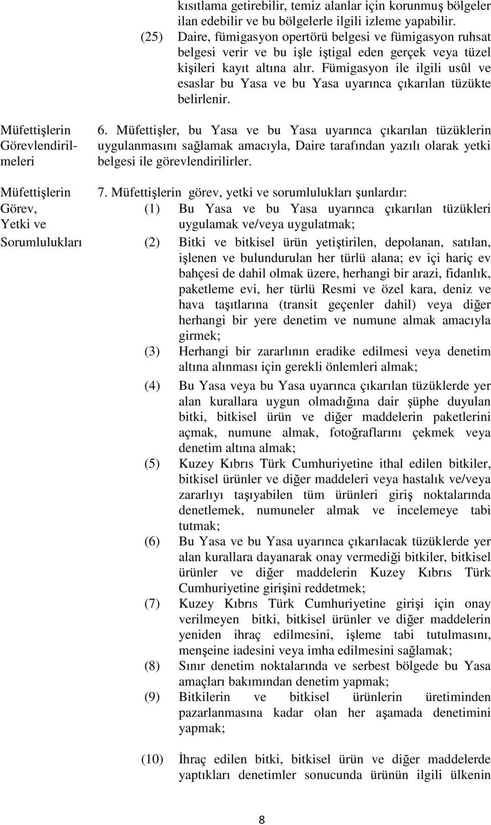 Fümigasyon ile ilgili usûl ve esaslar bu Yasa ve bu Yasa uyarınca çıkarılan tüzükte belirlenir. Müfettişlerin Görevlendirilmeleri 6.