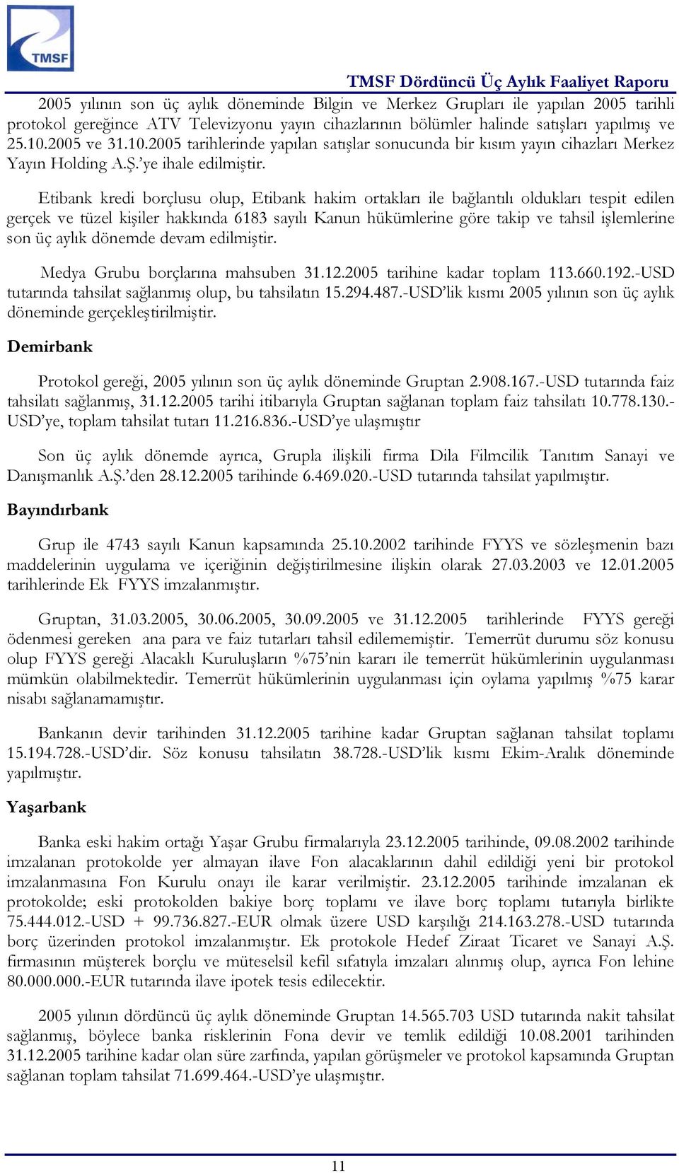 Etibank kredi borçlusu olup, Etibank hakim ortakları ile bağlantılı oldukları tespit edilen gerçek ve tüzel kişiler hakkında 6183 sayılı Kanun hükümlerine göre takip ve tahsil işlemlerine son üç