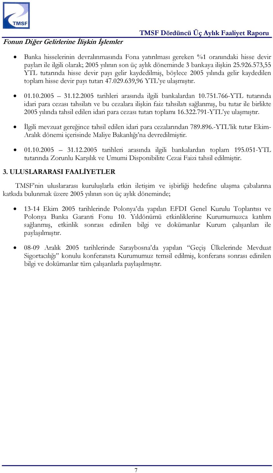 639,96 YTL ye ulaşmıştır. 01.10.2005 tarihleri arasında ilgili bankalardan 10.751.