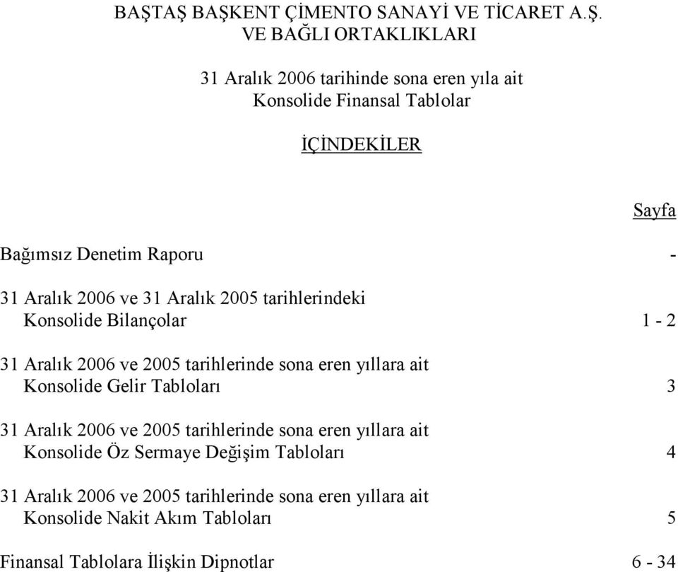 Tabloları 3 31 Aralık 2006 ve 2005 tarihlerinde sona eren yıllara ait Konsolide Öz Sermaye Değişim Tabloları 4 31