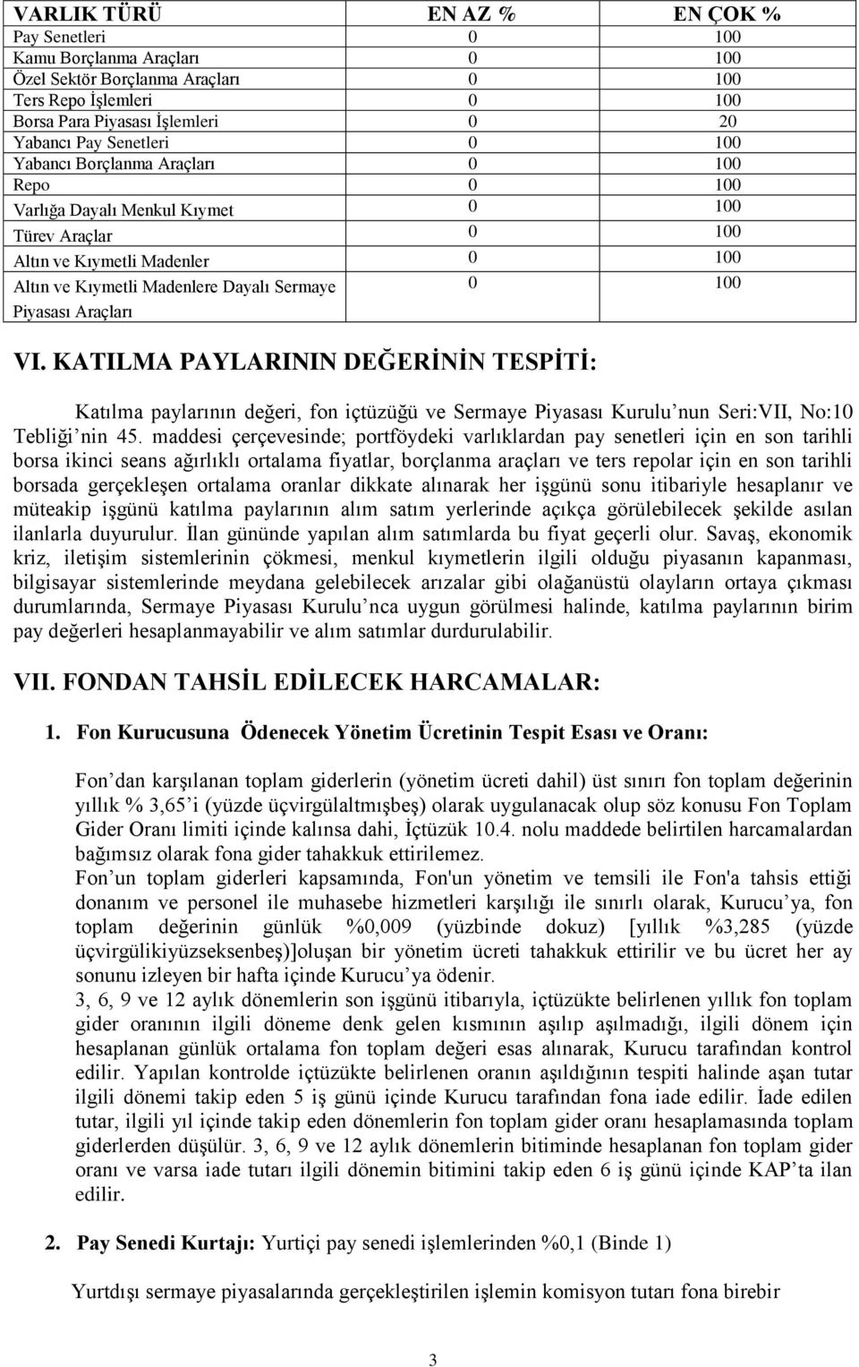 Araçları VI. KATILMA PAYLARININ DEĞERİNİN TESPİTİ: Katılma paylarının değeri, fon içtüzüğü ve Sermaye Piyasası Kurulu nun Seri:VII, No:10 Tebliği nin 45.