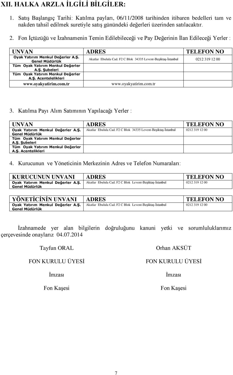 Fon İçtüzüğü ve İzahnamenin Temin Edilebileceği ve Pay Değerinin İlan Edileceği Yerler : UNVAN ADRES TELEFON NO Akatlar Ebulula Cad. F2 C Blok 34335 Levent-Beşiktaş-İstanbul 0212 319 12 00 A.Ş.