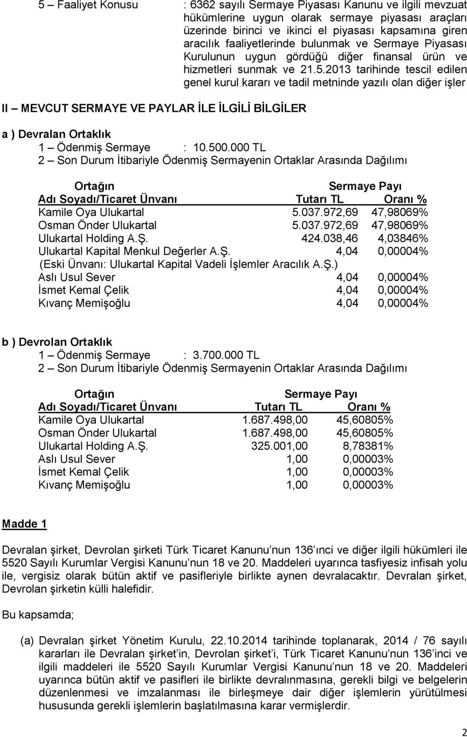 2013 tarihinde tescil edilen genel kurul kararı ve tadil metninde yazılı olan diğer işler II MEVCUT SERMAYE VE PAYLAR İLE İLGİLİ BİLGİLER a ) Devralan Ortaklık 1 Ödenmiş : 10.500.