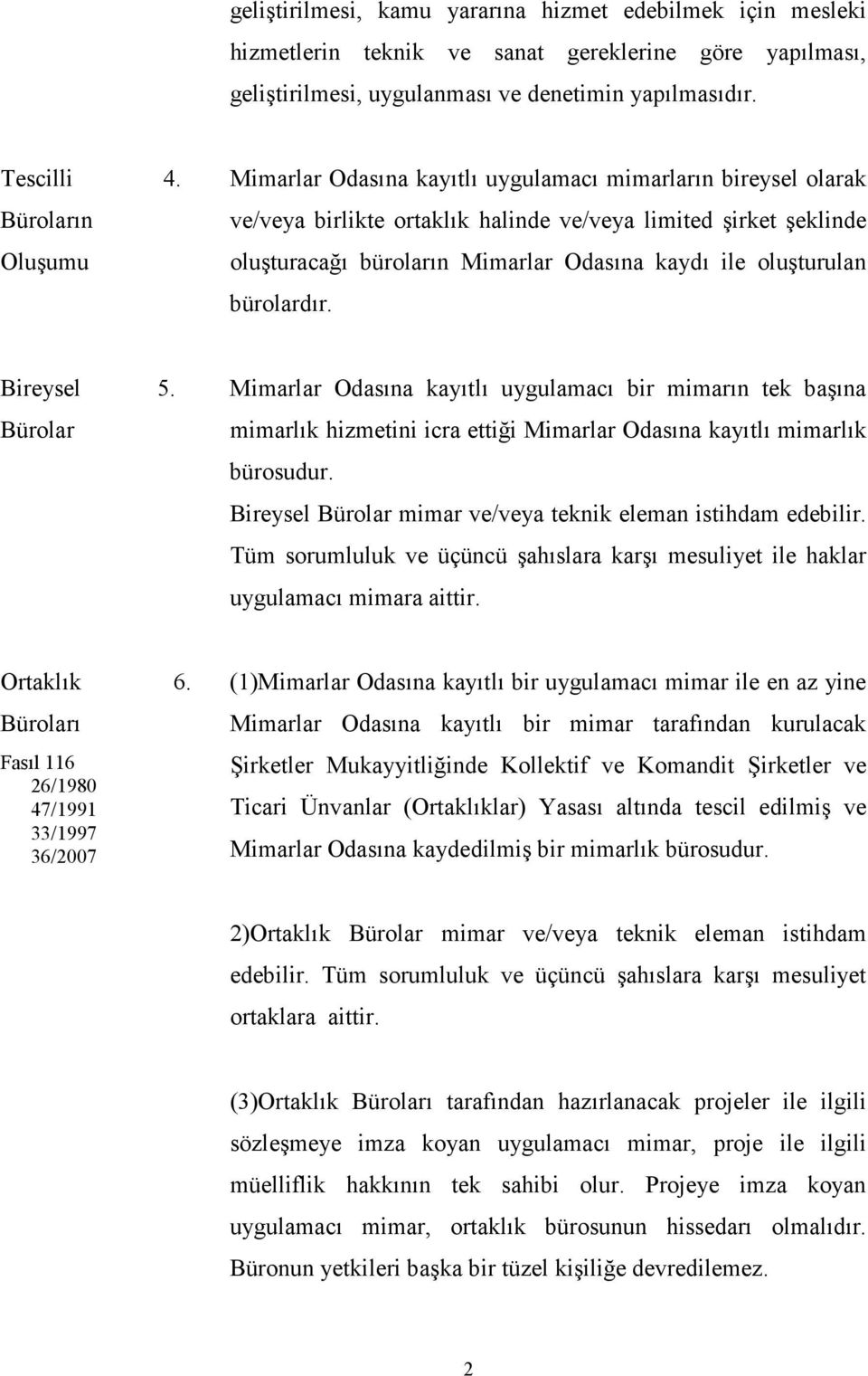 bürolardır. Bireysel Bürolar 5. Mimarlar Odasına kayıtlı uygulamacı bir mimarın tek başına mimarlık hizmetini icra ettiği Mimarlar Odasına kayıtlı mimarlık bürosudur.