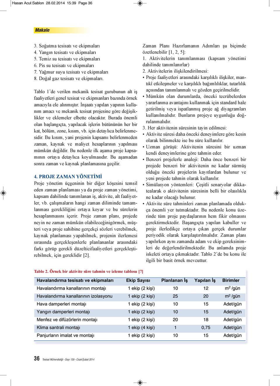 Tablo 1 de verilen mekanik tesisat gurubunun alt iş faaliyetleri genel tesisat ve ekipmanları bazında örnek amacıyla ele alınmıştır.