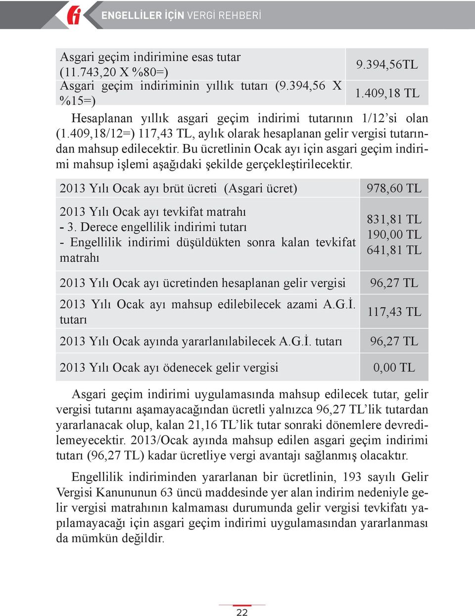 2013 Yılı Ocak ayı brüt ücreti (Asgari ücret) 978,60 TL 2013 Yılı Ocak ayı tevkifat matrahı - 3.