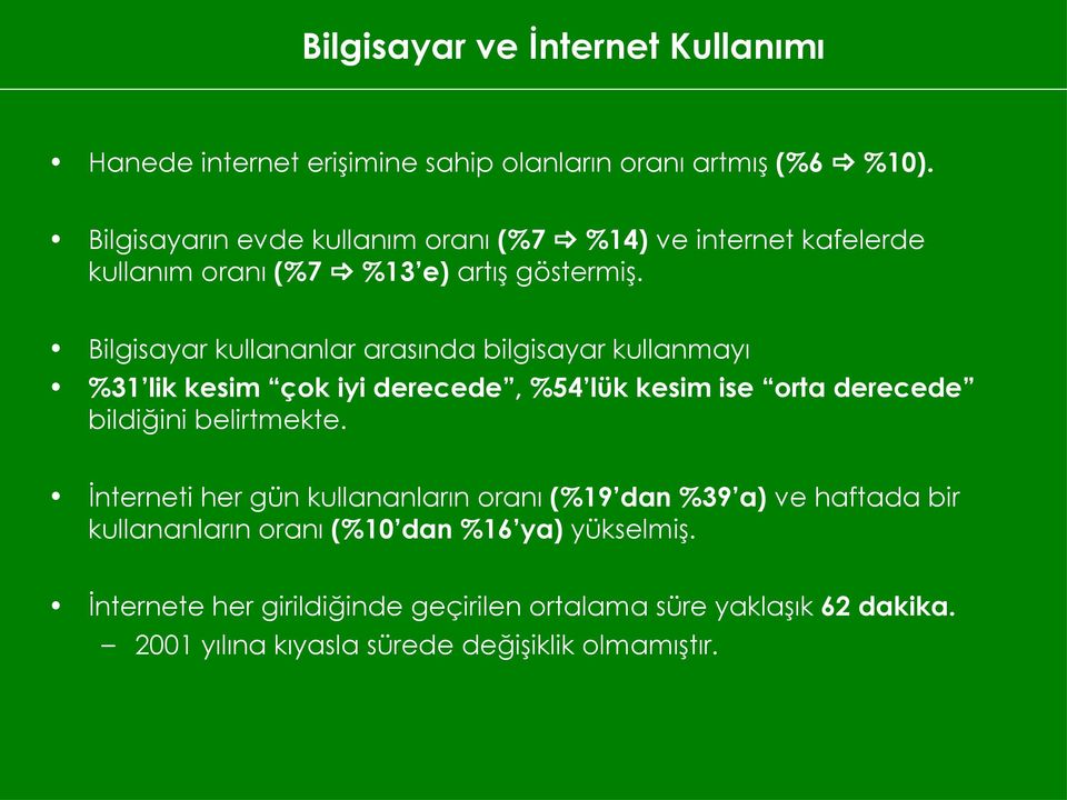 Bilgisayar kullananlar arasında bilgisayar kullanmayı %31 lik kesim çok iyi derecede, %54 lük kesim ise orta derecede bildiğini belirtmekte.