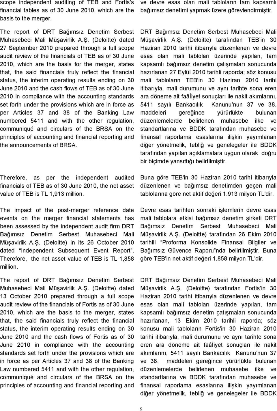 reflect the financial status, the interim operating results ending on 30 June 2010 and the cash flows of TEB as of 30 June 2010 in compliance with the accounting standards set forth under the