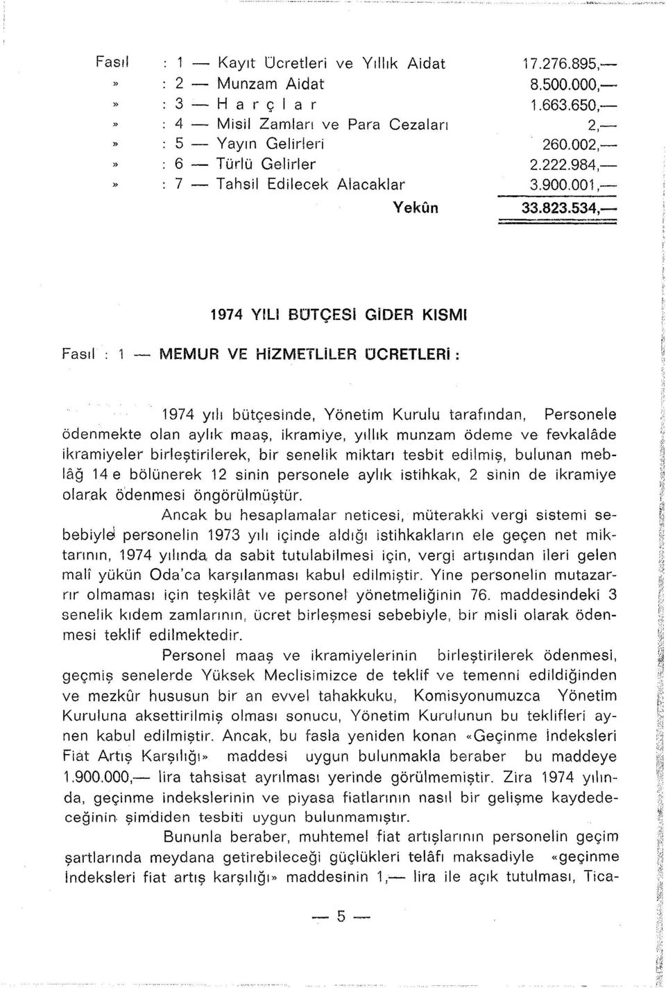 534,- 1974 YILI BOTÇESi GIDER KlSMI Fasıl 1 - MEMUR VE HiZMETLiLER OCRETLERi : 1974 yılı bütçesinde, Yönetim Kurulu tarafından, Personele ödenmekte olan aylık maaş, ikramiye, yıllık munzam ödeme ve