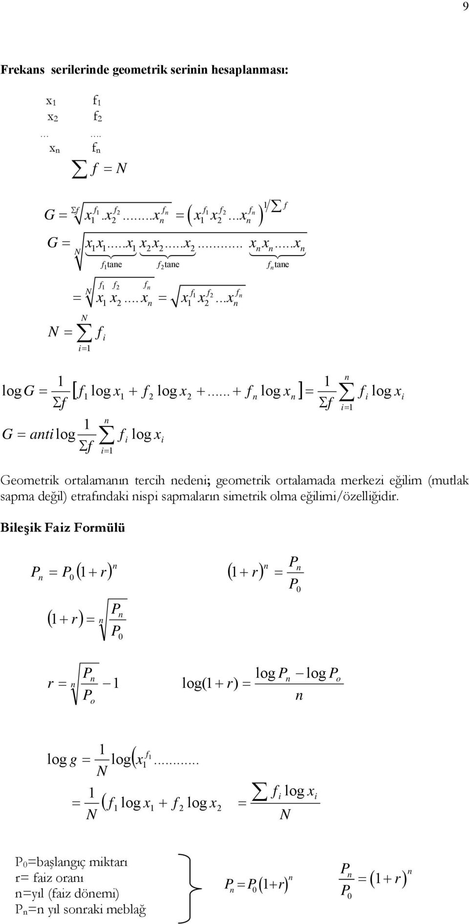 .. + f log ] f log Σf Σf G at log f log Σf Geometk otalamaı tech ede; geometk otalamada mekez eğlm (mutlak sapma değl) etafıdak sp