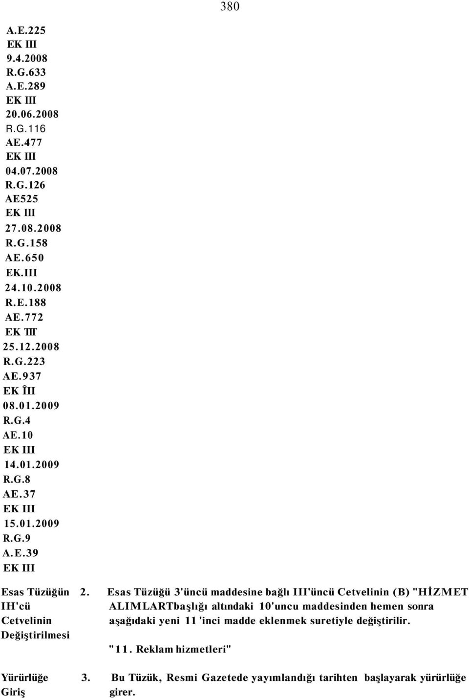 IH'cü Cetvelinin Değiştirilmesi Esas Tüzüğü 3'üncü maddesine bağlı III'üncü Cetvelinin (B) "HİZMET ALIMLARTbaşlığı altındaki 10'uncu maddesinden hemen