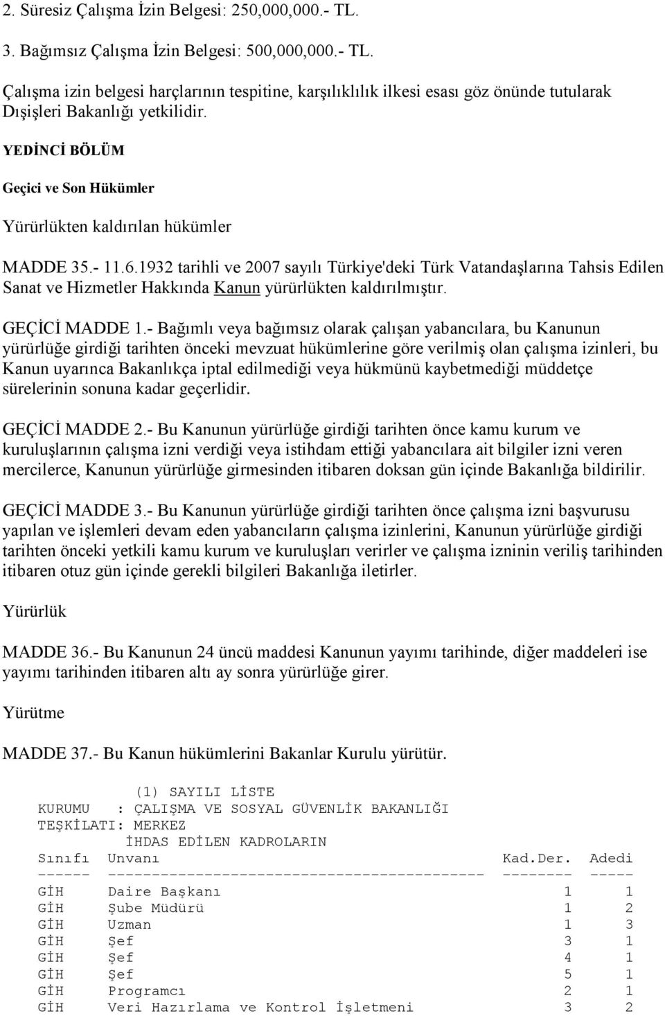 1932 tarihli ve 2007 sayılı Türkiye'deki Türk Vatandaşlarına Tahsis Edilen Sanat ve Hizmetler Hakkında Kanun yürürlükten kaldırılmıştır. GEÇİCİ MADDE 1.