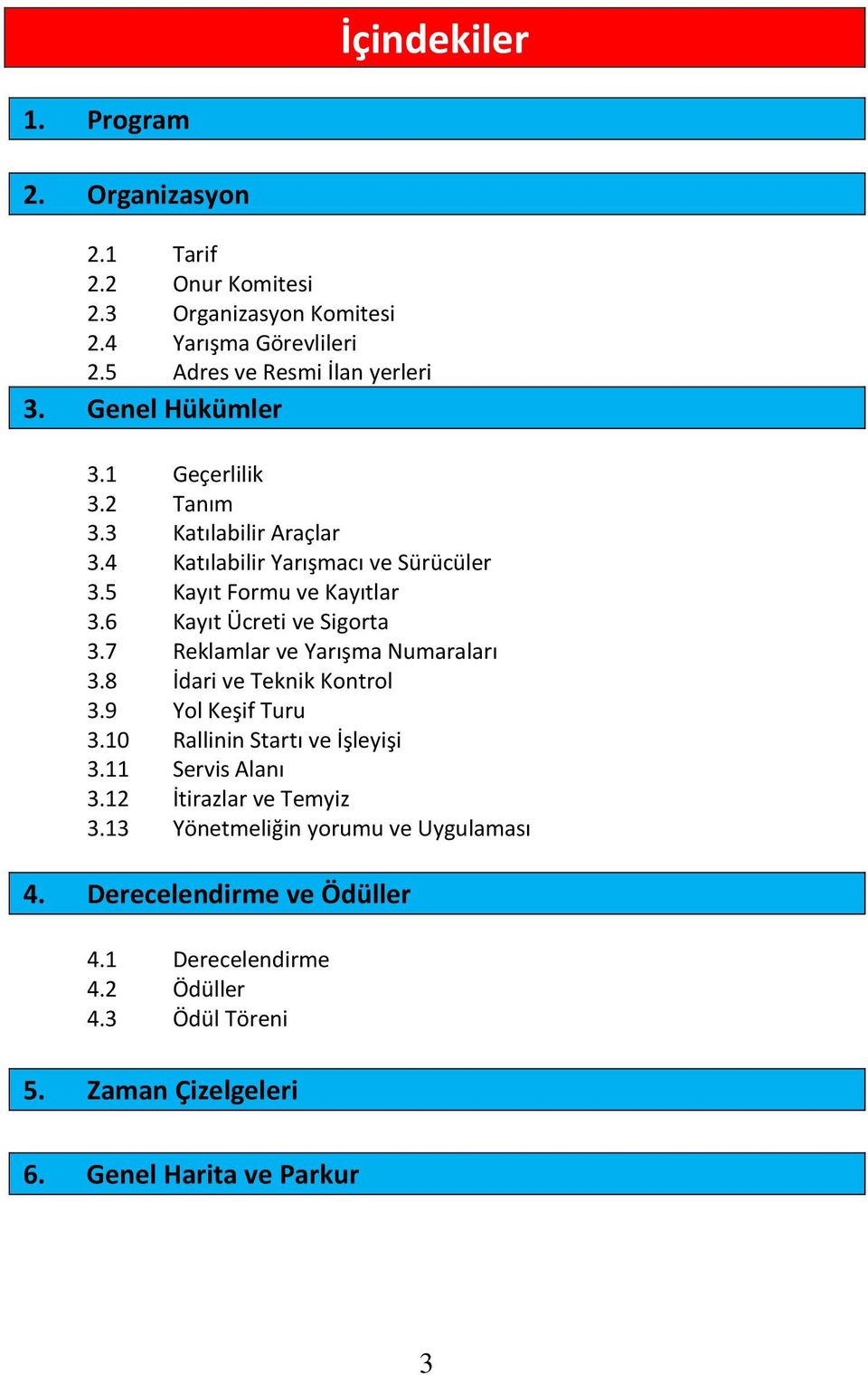 6 Kayıt Ücreti ve Sigorta 3.7 Reklamlar ve Yarışma Numaraları 3.8 İdari ve Teknik Kontrol 3.9 Yol Keşif Turu 3.10 Rallinin Startı ve İşleyişi 3.