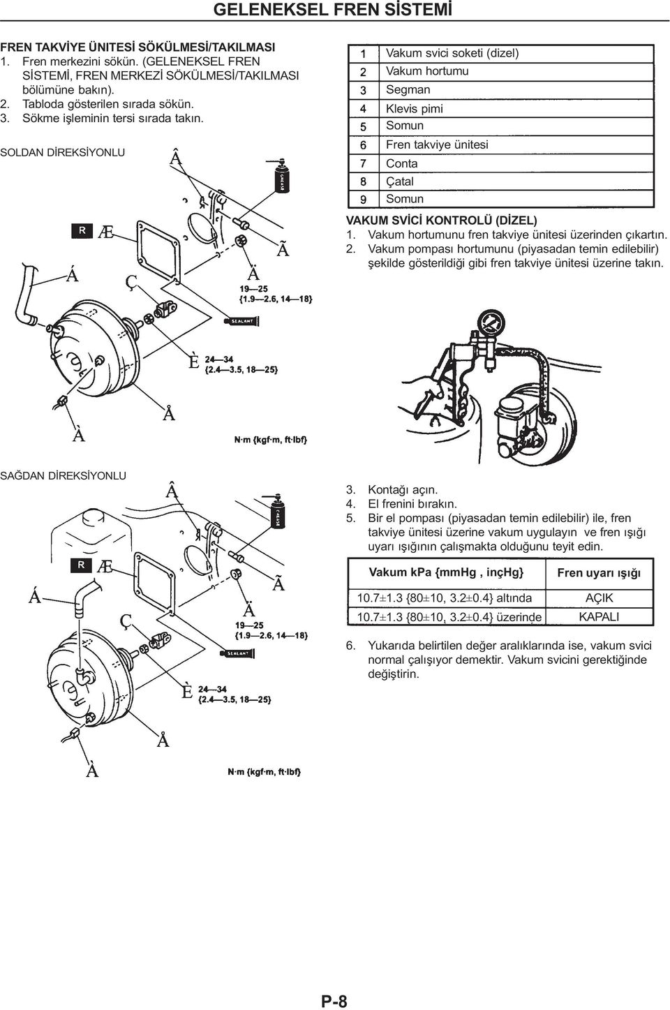 Vakum hortumunu fren takviye ünitesi üzerinden çýkartýn. 2. Vakum pompasý hortumunu (piyasadan temin edilebilir) þekilde gösterildiði gibi fren takviye ünitesi üzerine takýn. SAÐDAN DÝREKSÝYONLU 3.